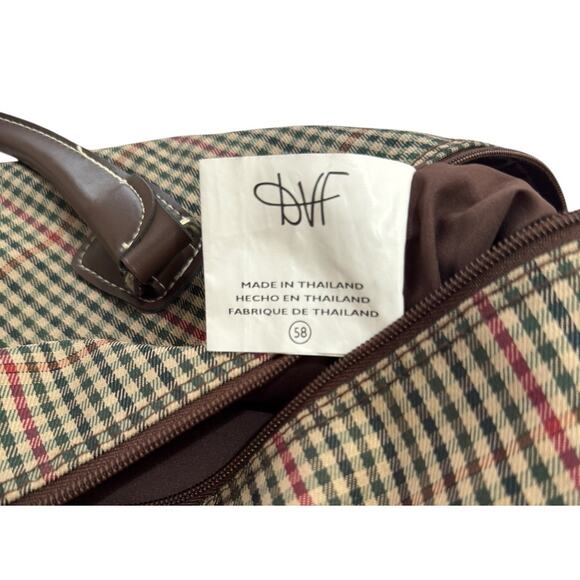 Diane von Furstenberg Large Plaid Weekender Tote Bag 20" Brown Green Red - Picture 10 of 13